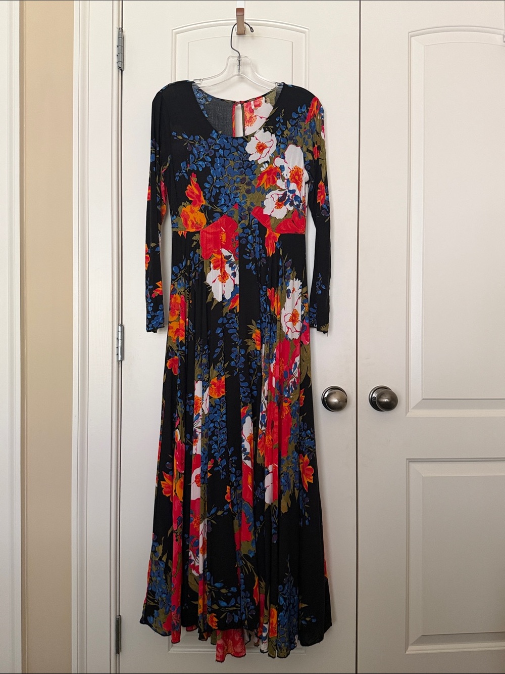 Free People First Kiss Boho Black Maxi Dress with Red & Blue Floral Print